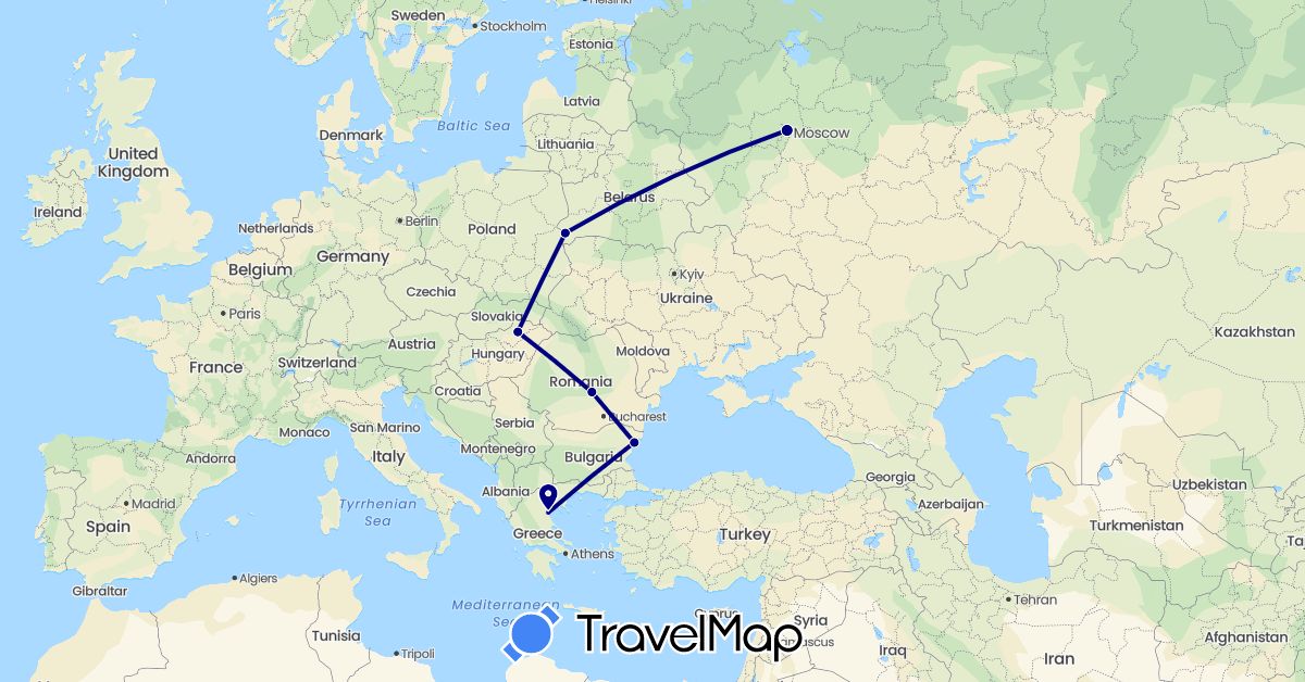 TravelMap itinerary: driving in Bulgaria, Belarus, Greece, Hungary, Romania, Russia (Europe)
